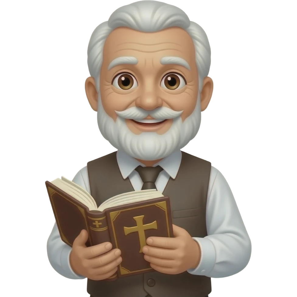 wise old man in vest light brown skin brown eyes white beard smile with book that has a cross on it emoji