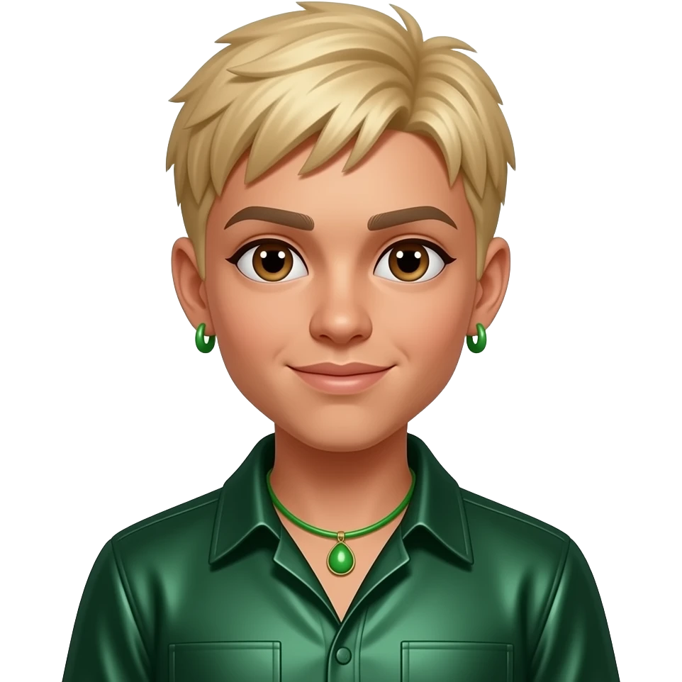 Feliz Green from The Next Kidz with light medium skin, brown eyes, short blonde tomboy hair, dark green metallic shirt, green necklace and earrings emoji