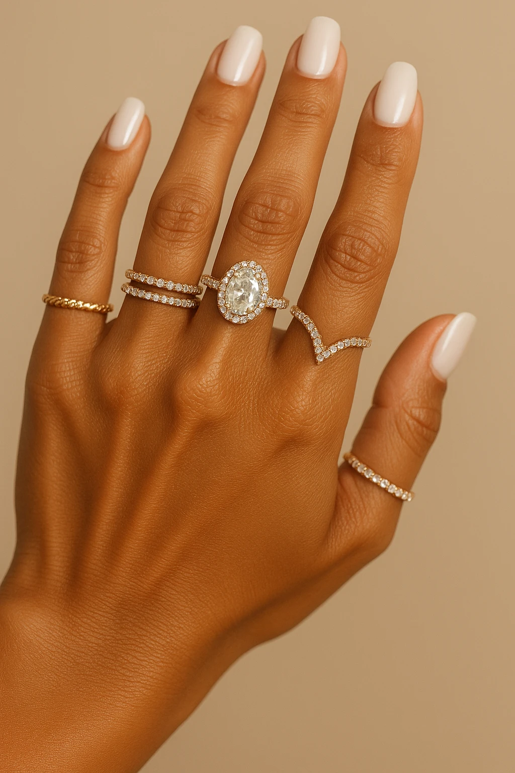 a beautiful tanned woman's hand with multiple rings, stylish, close-up, sparkling jewelry emoji