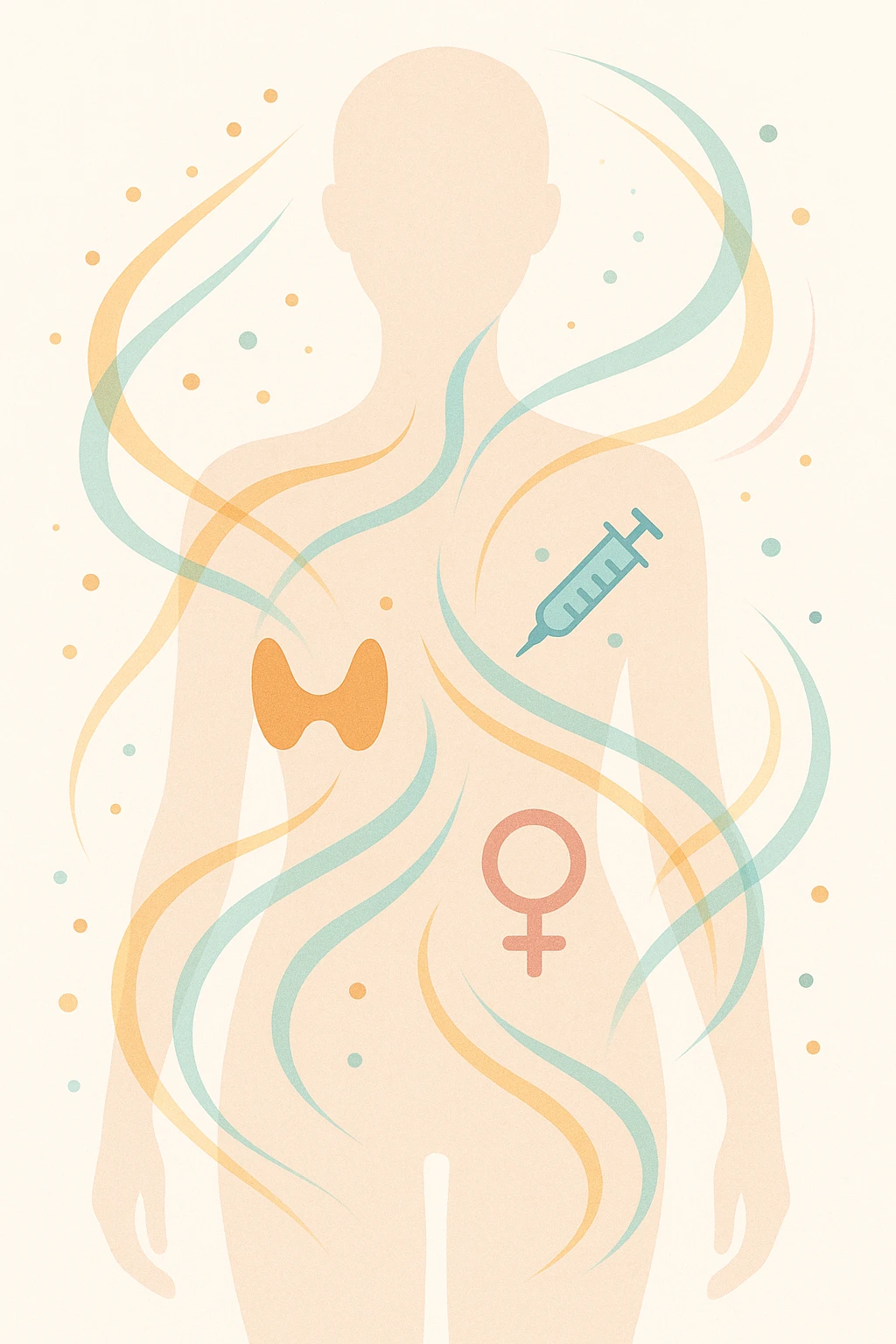 Il corpo è circondato da simboli delicati e bilanciati che rappresentano equilibrio ormonale e metabolico: piccoli cerchi, flussi energetici colorati, simboli stilizzati di tiroide, insulina, estrogeni.  emoji