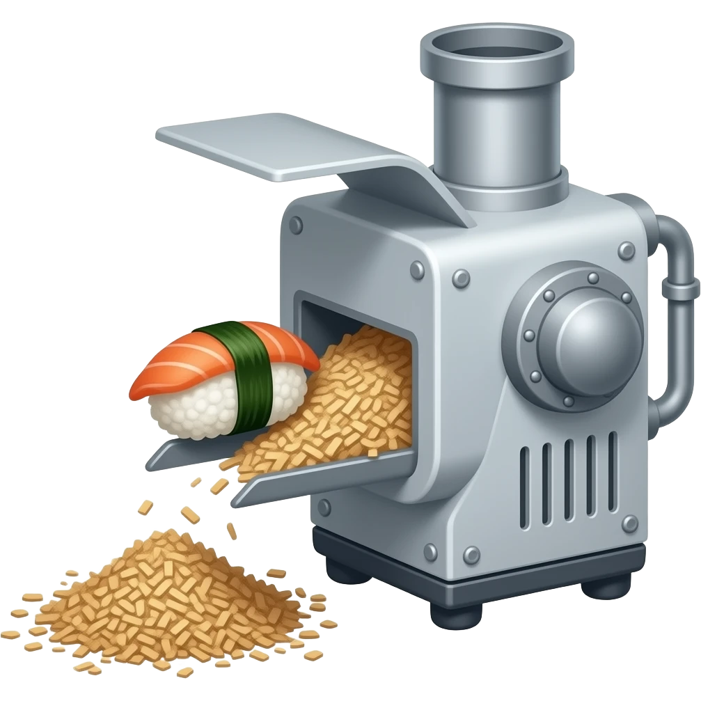 create a humanized industrial shredder which "eats" sushi as input and send out sawdust as output emoji