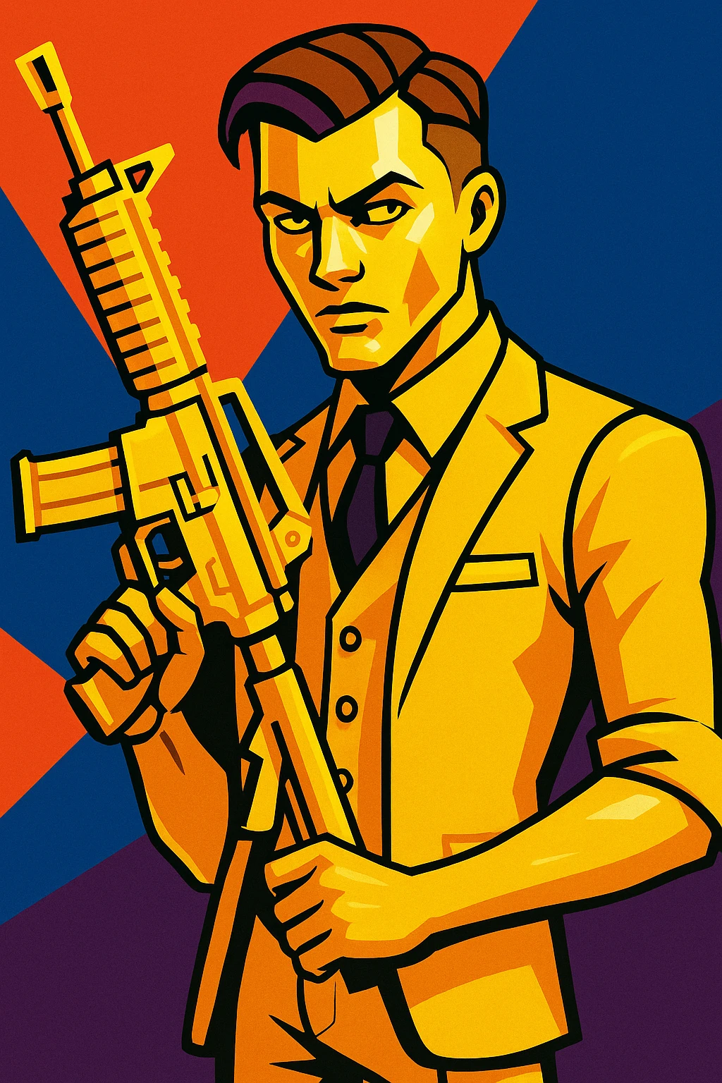 Fortnite skin Midas with gold suit, slicked-back hair, holding a golden weapon, vibrant toon style emoji