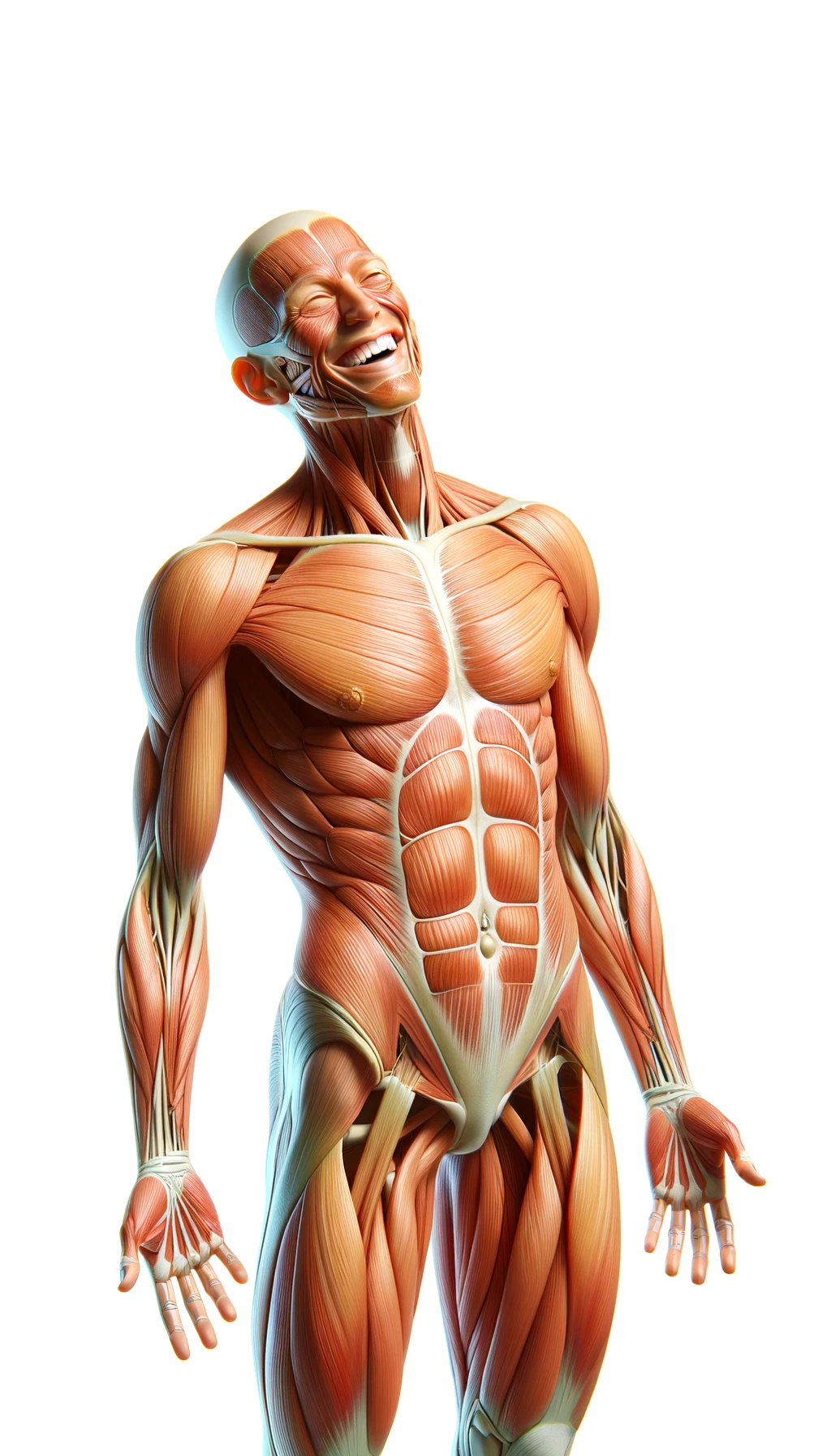 corpo umano anatomico a figura intera che sorride rilassato, iperrealistico 4k, isolato su sfondo bianco emoji