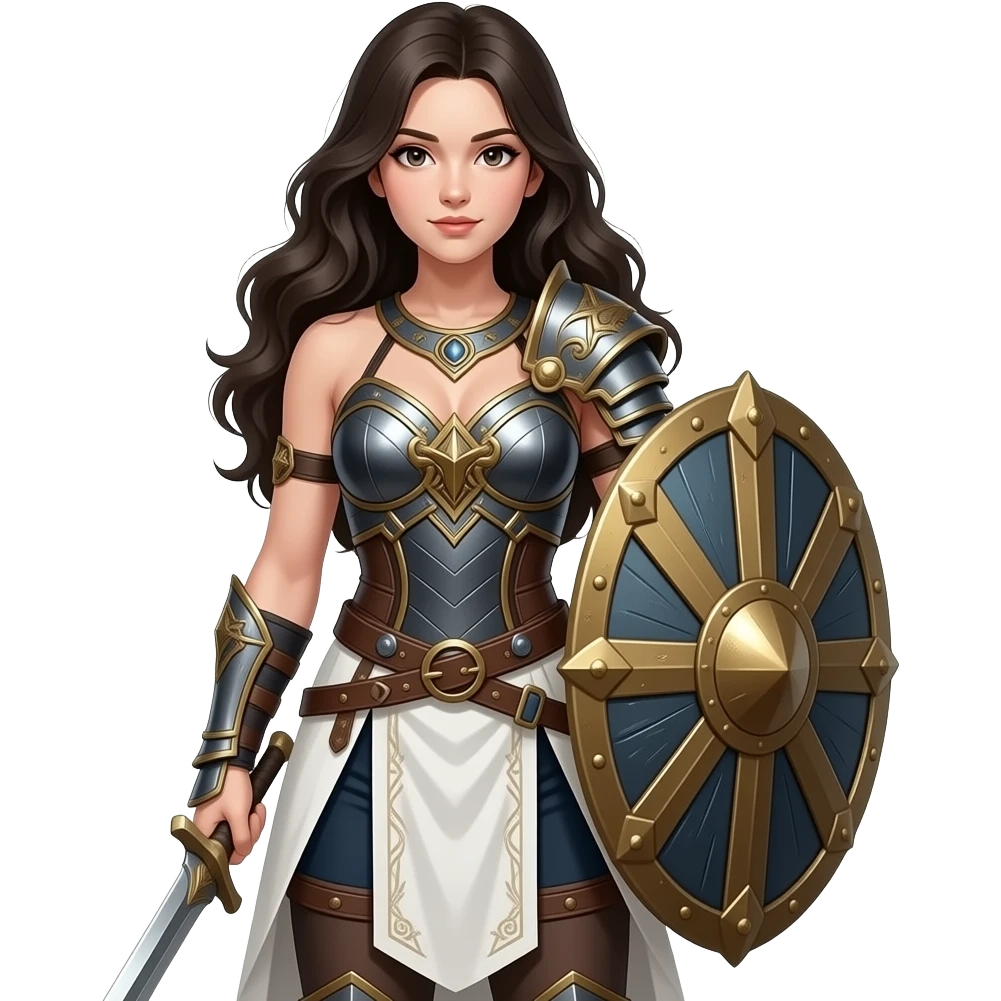 A young female warrior stands confidently in full-body portrait, with long, dark wavy hair and fair skin. She wears intricate fantasy armor. The detailed attire includes a white kilt, dark undergarments, and golden shield emblem. emoji