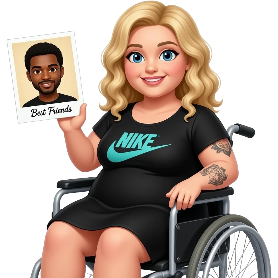 Plus size women waving in wheelchair Blonde curly hair blue eyes black tattoos on right lower arm wearing a black summer dress “Nike with logo” ”in cursive teal writing holding a Polaroid photo of a African American man with black hair brown eyes with her saying “Best Friends” in cursive writing emoji