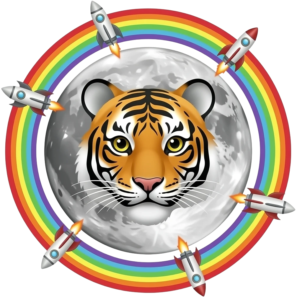 tiger face on the moon with the raibows coming out of the rockets which are spinning aroungd the moon emoji