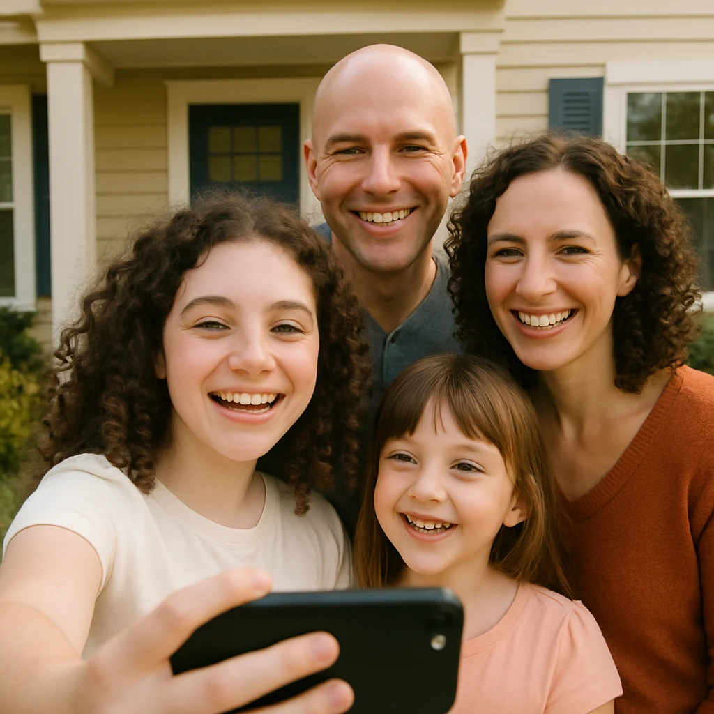 A group selfie of a family of four in front of a house: dad is bald with medium light skin, mom and older daughter have curly hair and pale skin, younger daughter has straight hair and medium light skin. The older daughter holds the phone, sisters look amused, parents smile. emoji