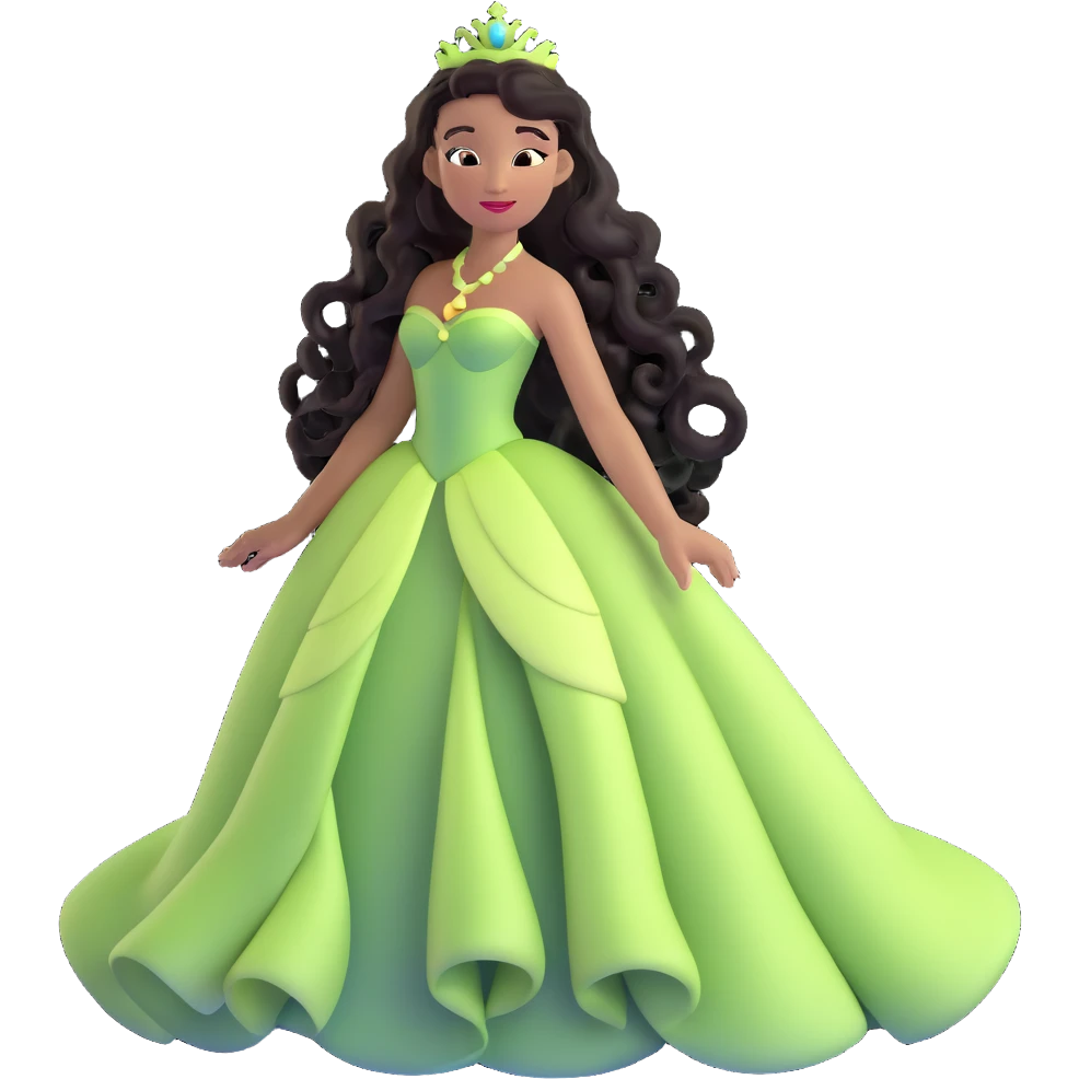 Disney Princess Tiana with extremely long black curly hair flowing down, 2c-3b curl pattern emoji