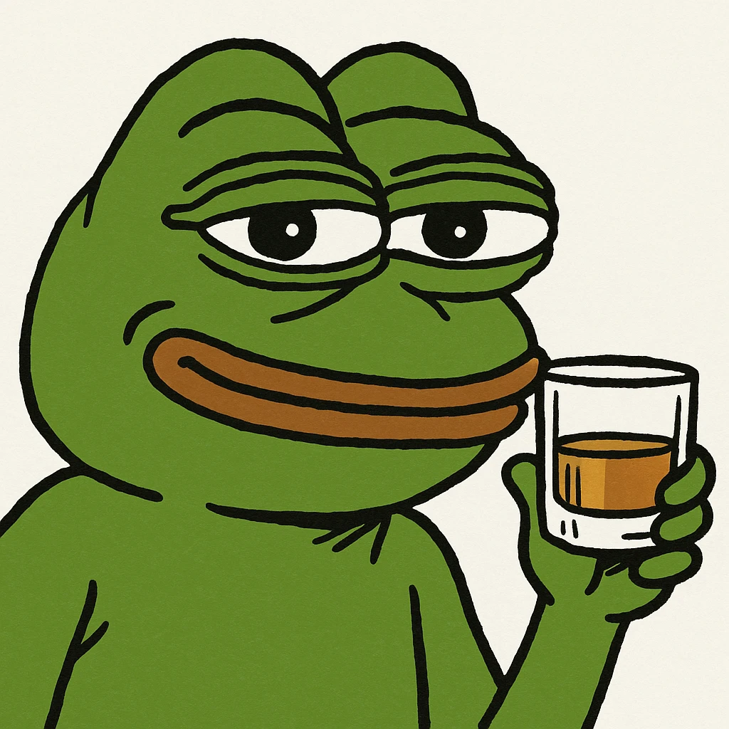 Pepe the Frog holding up a whiskey glass, pepe meme style emoji