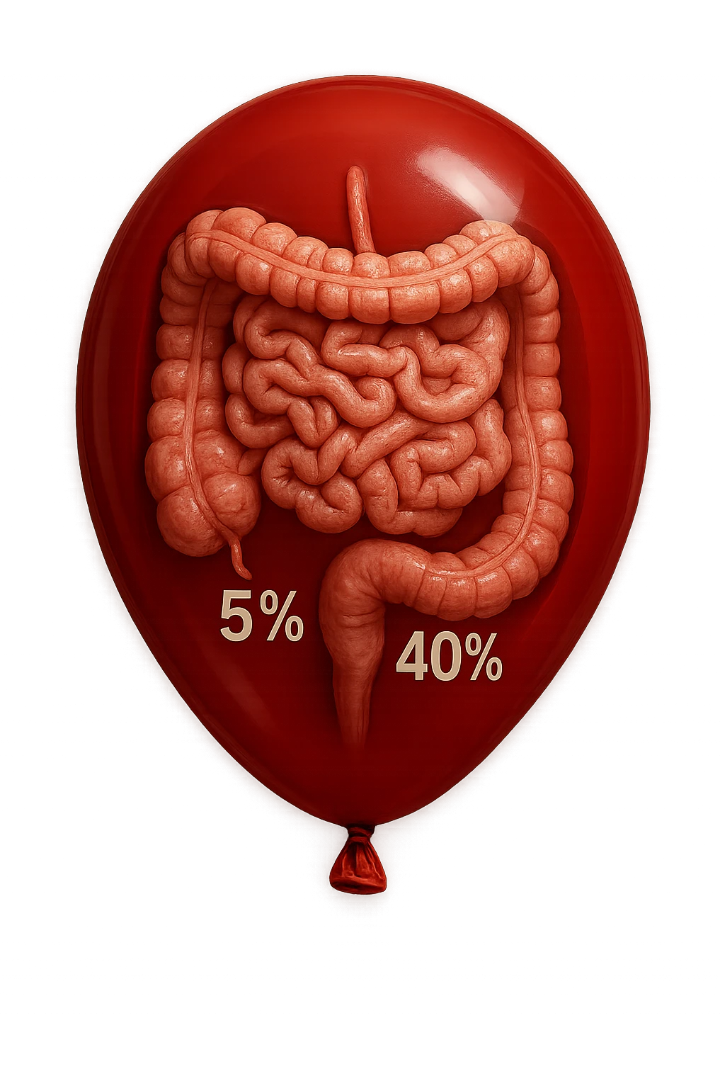 intestino umano anatomico chiuso in un palloncino rosso con la scritta 5% e 40% dentro insieme all'intestino, iperrealistico 4k emoji