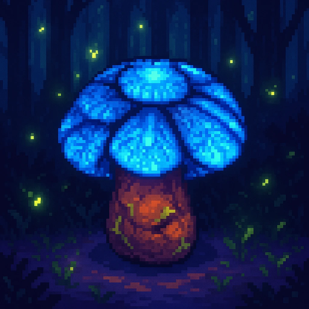 Add glowing fireflies in the pixel art forest background with the glowing blue mushroom. Preserve the pixel art style and add subtle glowing effects to the fireflies to enhance the magical feel. emoji