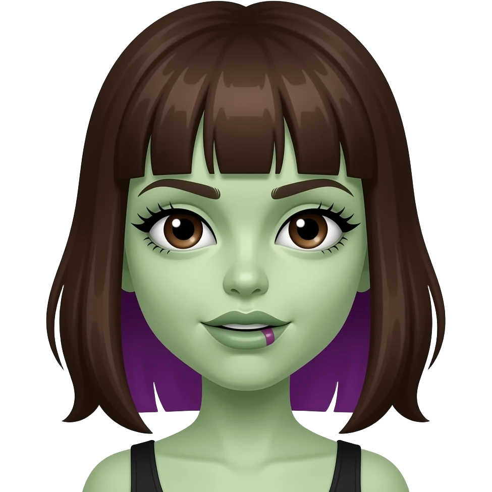 faça uma imagina com uma menina Zombi com o cabelo castanho escuro que tem uma franja meio grande e atrás do cabelo colorido de roxo faça ela verde e o cabelo tocando no ombro e os olhos castanhos escuro e um lip combo na boca e com cílios emoji