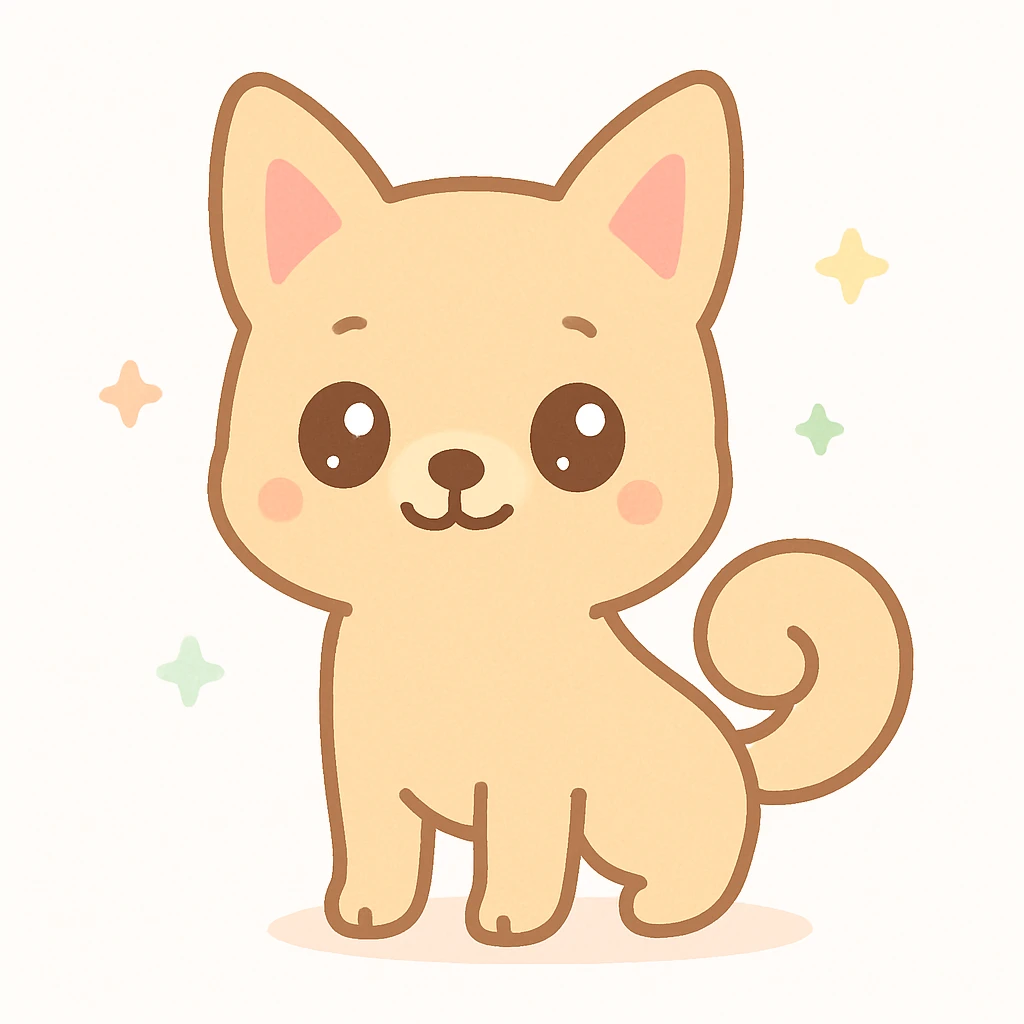 medium-sized sandy colored dog with one back leg missing, tail curled up onto its back, attentive upright ears, kawaii cartoon style, simple background emoji