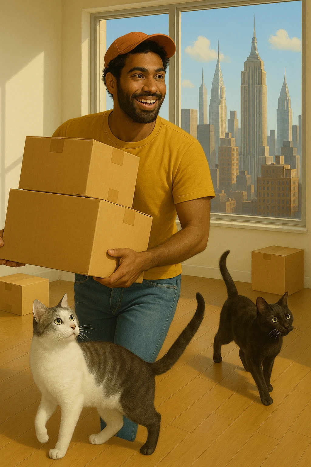 Edit the image to have one cat white and gray, the other cat dark brown and black. The man should have medium length curly hair and be wearing a cap. Keep the NYC apartment moving scene and overall style consistent. emoji