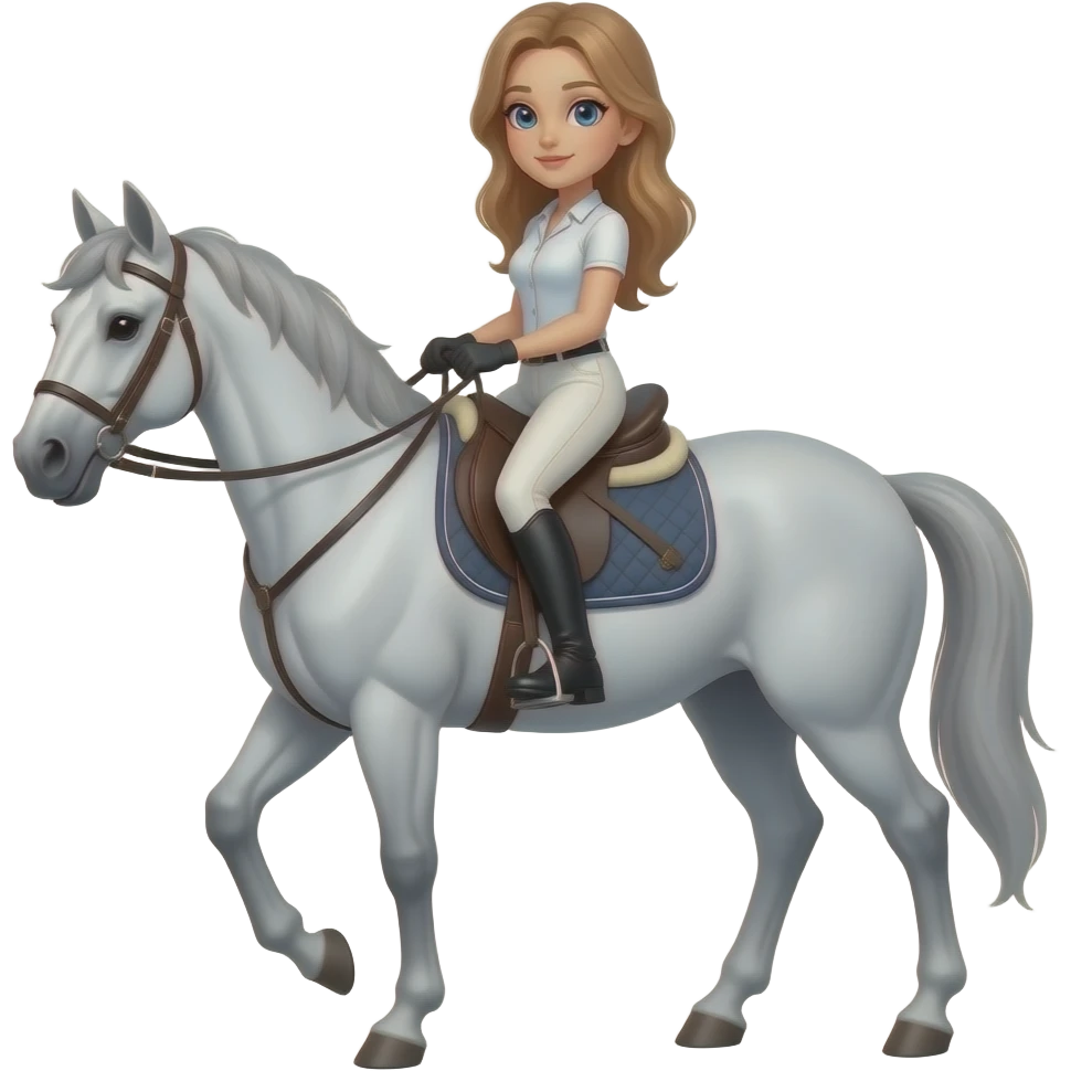 female, blue eyes, light brown hair, horse rider, grey horse emoji