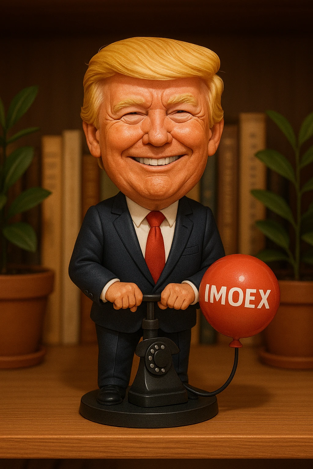 Дональд Трамп  улыбается в поте лица качает через насос в виде телефонного аппарата, который подключен к шарику, который символизирует фондовый рынок и на нём написано IMOEX emoji