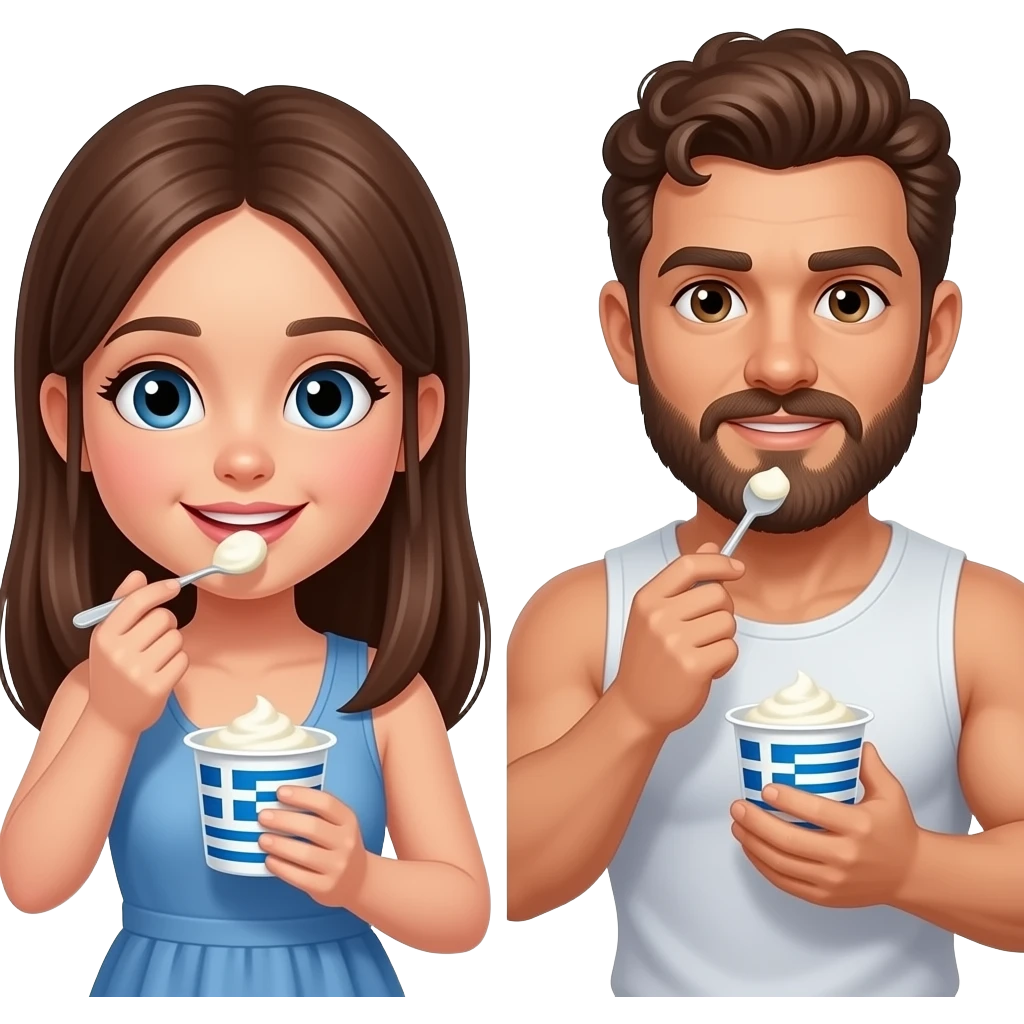 Realistic pale skin brown long straight hair girl eating greek yogurt and her short brown curly hair and beard muscular man eating greek yogurt HD emoji