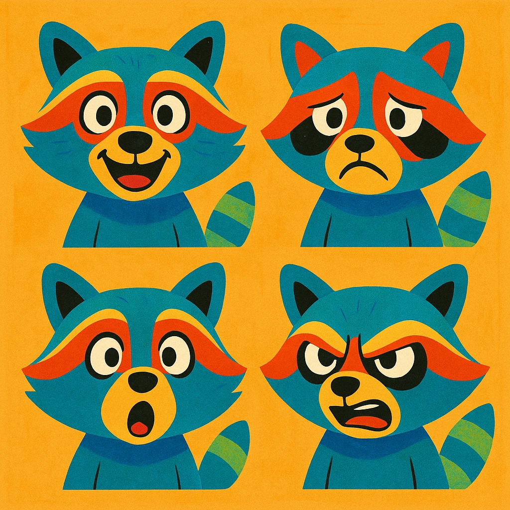 A set of emotions featuring a painted raccoon emoji