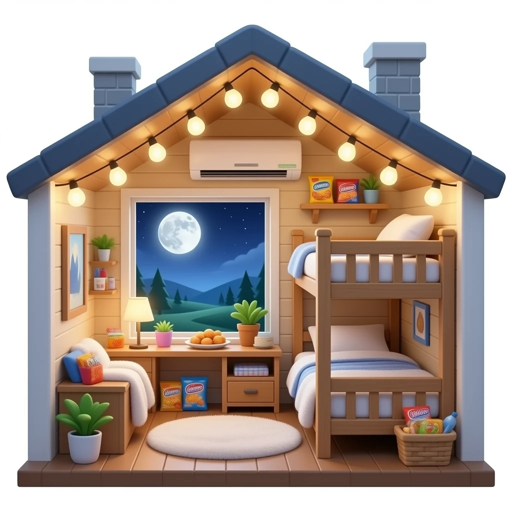 Yummy snacks and ldc lights  and cozy fuzzy blankets and a flying home  in night and a cozy moon and a big window and snacks and inside the house is flying and thers a aircon and a bucnk bed and it needs to be big front  view emoji