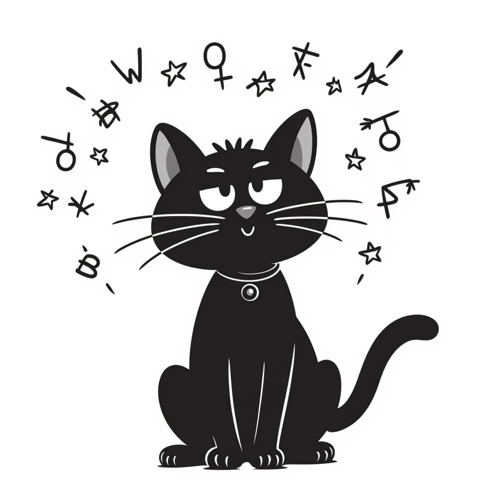 hand drawn doodle of a quantum cat with quantum equations and sparkles emoji