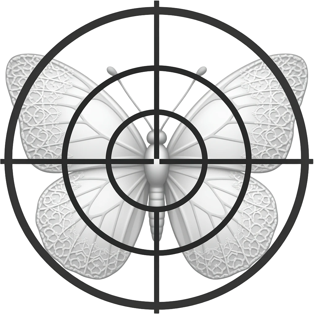 subtle elegant white butterfly, 3D emoji gothic butterfly, white velvet, white filigree, white lace trim, medium black sniper crosshair overlay emoji