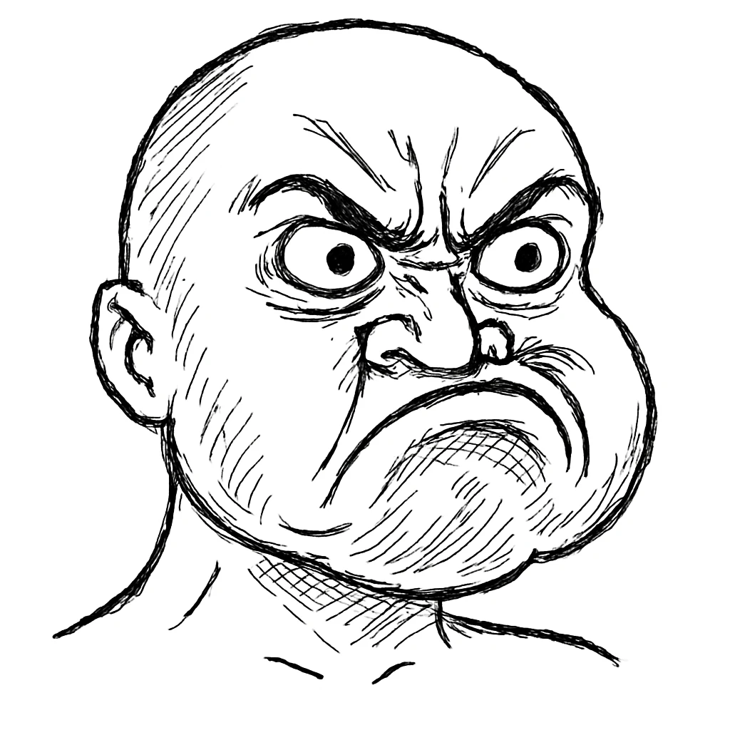 生气鼓嘴：
"角色双眉紧锁，嘴巴鼓起像是生气了，眼睛瞪得大大的，脸颊显得有些僵硬，嘴巴像气球一样鼓起来，整个表情都充满了愤怒的夸张感” emoji