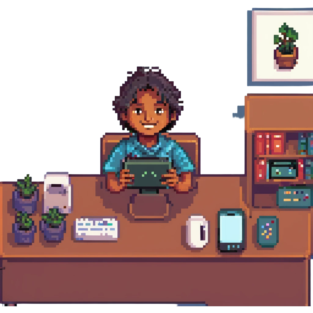 Indian boy hacker with a mischievous smile holding a smartphone sitting at a desk with a monitor, pixel art style emoji