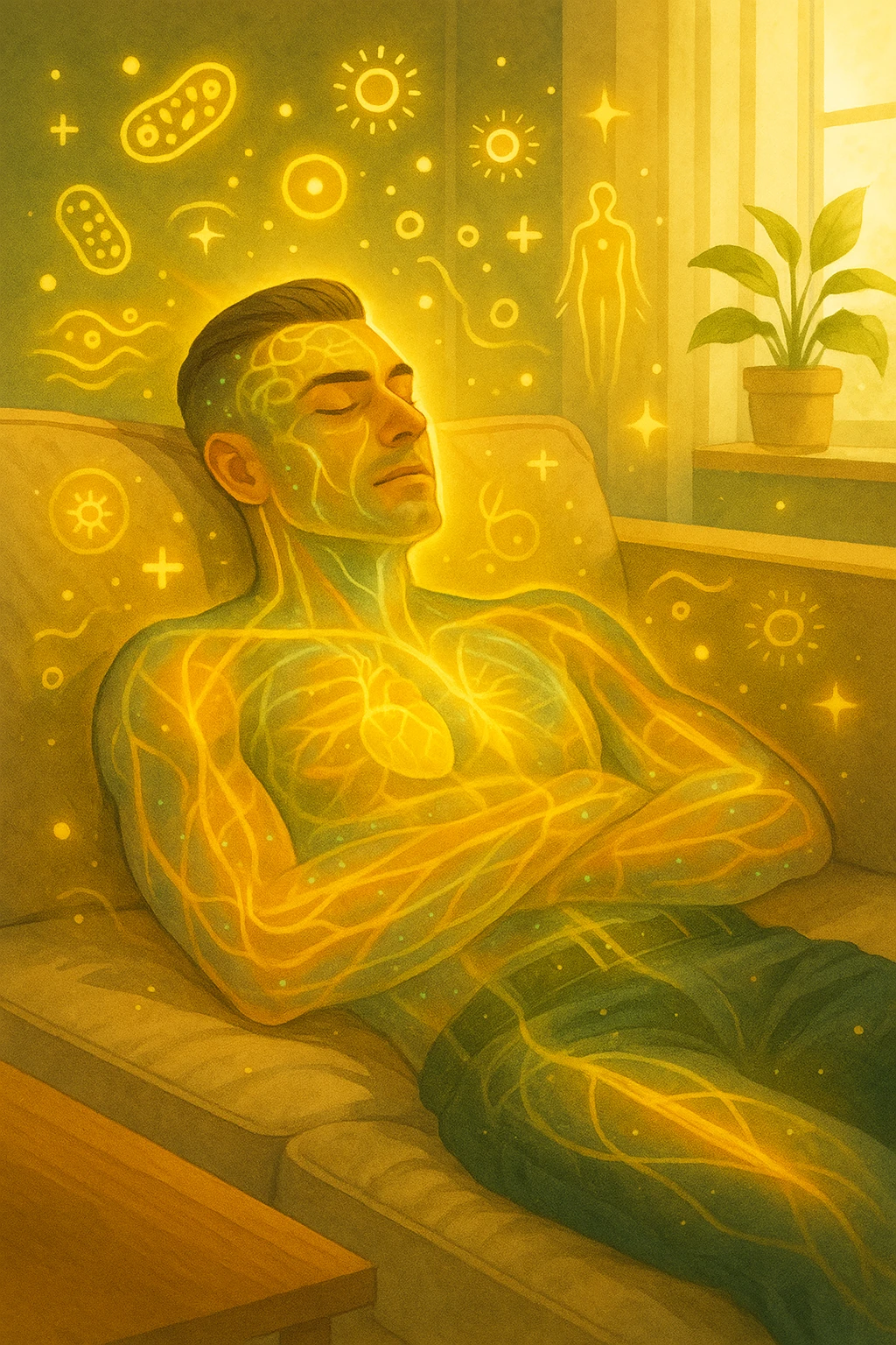 Uomo sdraiato su un divano nel primo pomeriggio, mentre fa un breve riposino. Il suo corpo appare parzialmente trasparente o stilizzato, con luce calda e flussi energetici dorati e verdi che scorrono attraverso muscoli, cervello, e organi. Intorno a lui si vedono piccoli simboli di rigenerazione: cellule che si rinnovano, tessuti che si illuminano, aura rilassata. L'ambiente è calmo e ordinato, luce naturale che entra da una finestra, atmosfera rigenerante, stile realistico con accenti metaforici. emoji