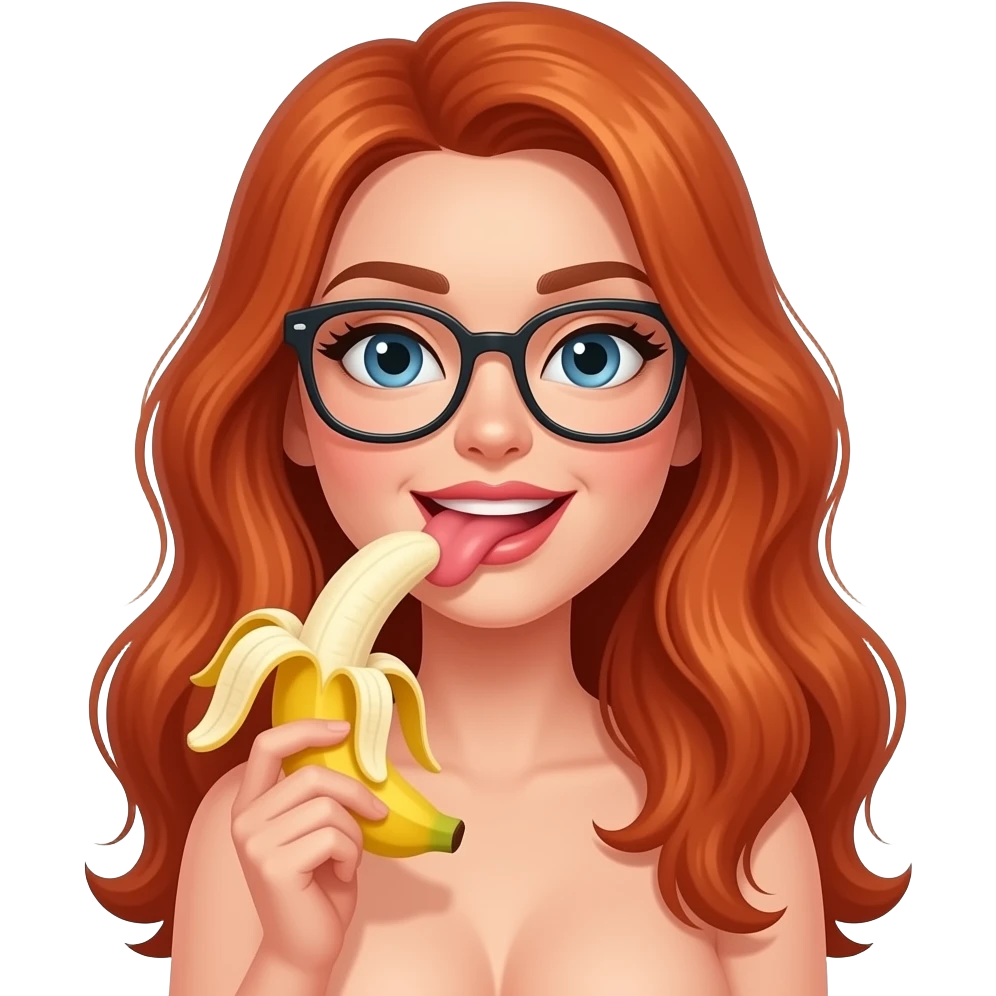 lei capelli rossi lunghi con occhiali, succhi la banana in modo sensuale con la lingua mentre lecca senza reggiseno con i seni nudi emoji