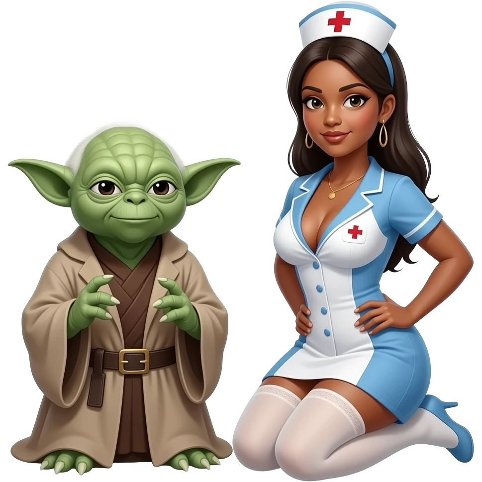 Yoda and a female apprentice with large breasts kneeling wearing a nurse outfitkneeling emoji