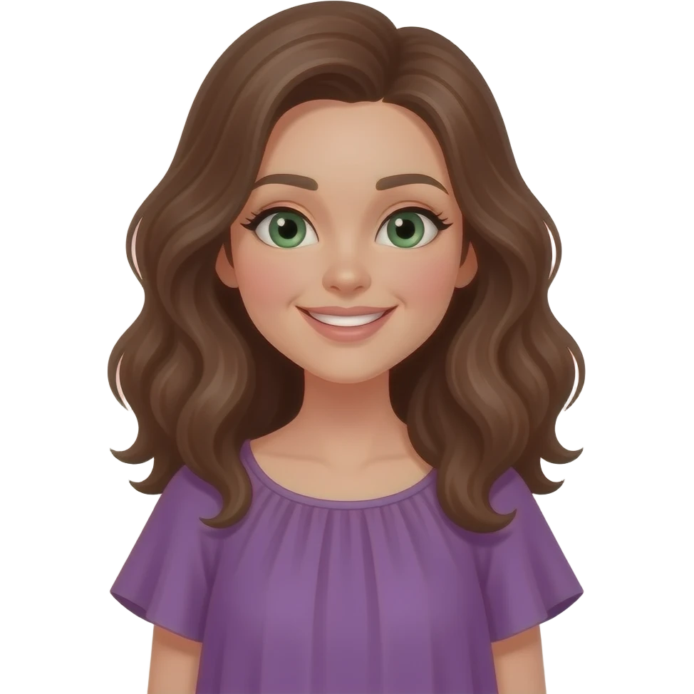 quero uma mulher com cabelo castanho e feliz com olhos verdes e de apaixonada com vestido roxo emoji