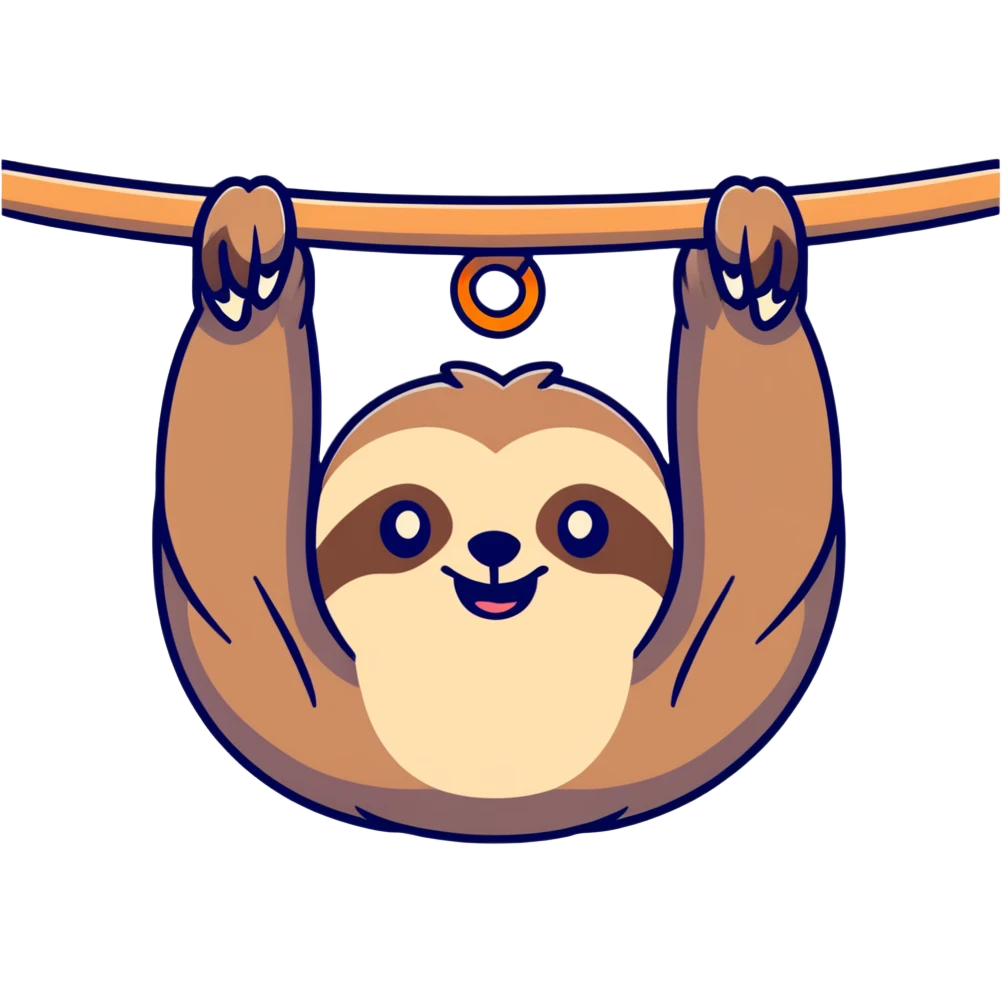 Adorable sloth hanging upside down with goofy smile emoji