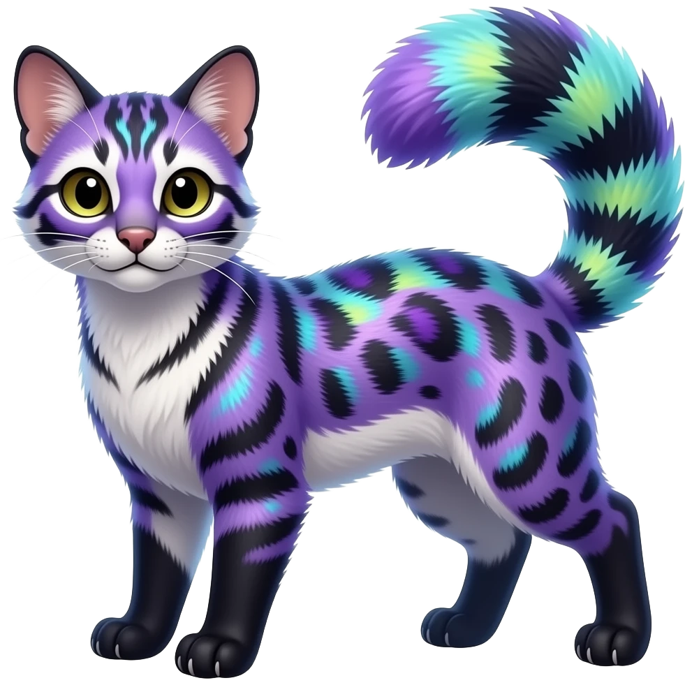 Nebulae shiny realistic silky tropical thin exotic beautiful purple fur with cyan-lime-green-gradients-colored, black markings, with white underside, iridescent civet-genet-Cacomistle-oncilla-animal-hybrid with intricate pattern markings (full body) emoji