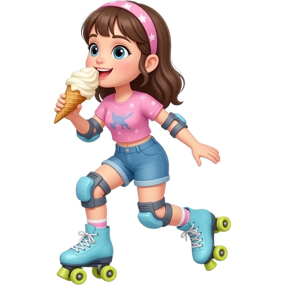 A girl on roller skates eating an ice cream emoji