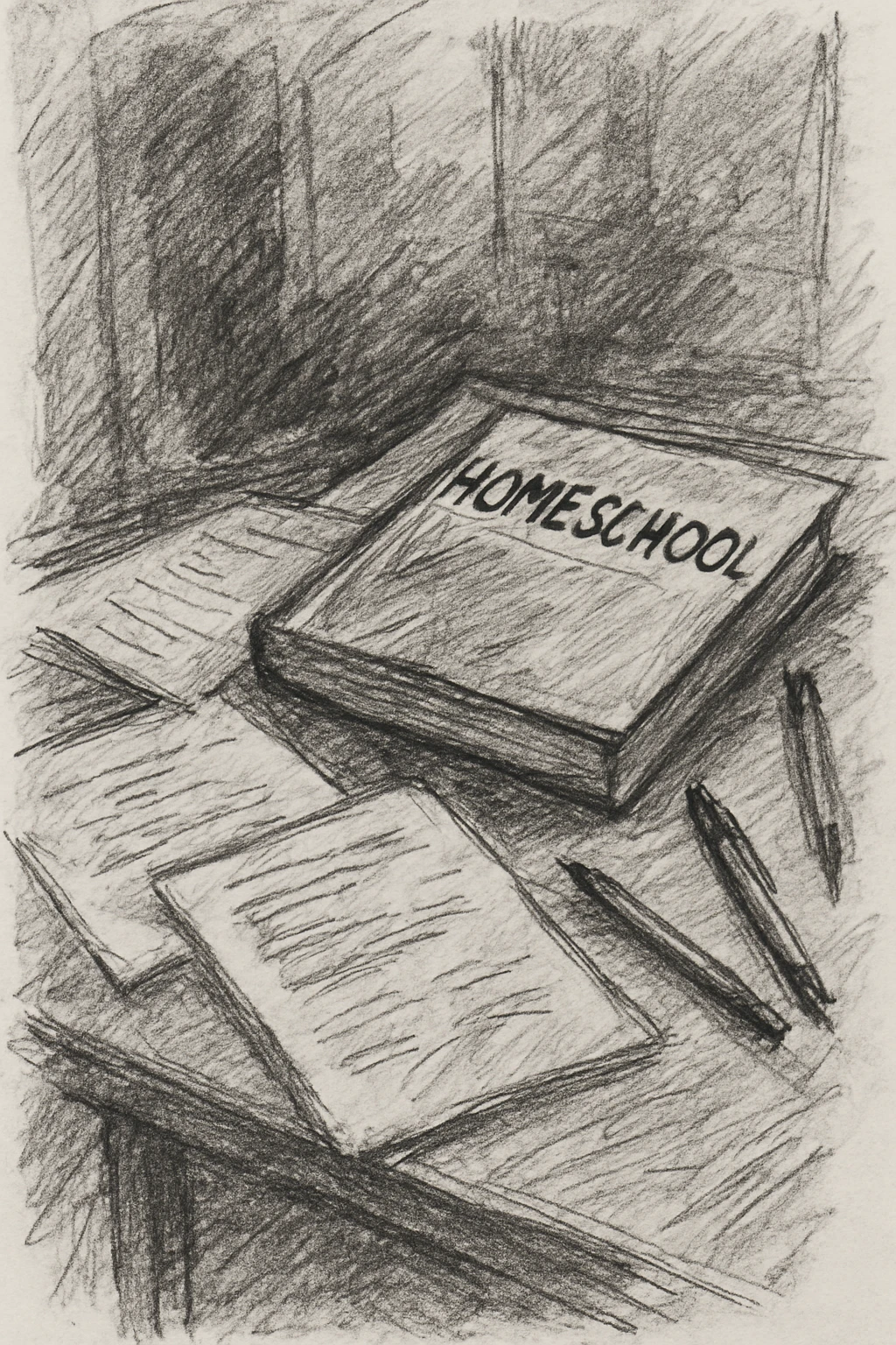 a table with paper, pens, and homeschool books, black and white sketch style emoji