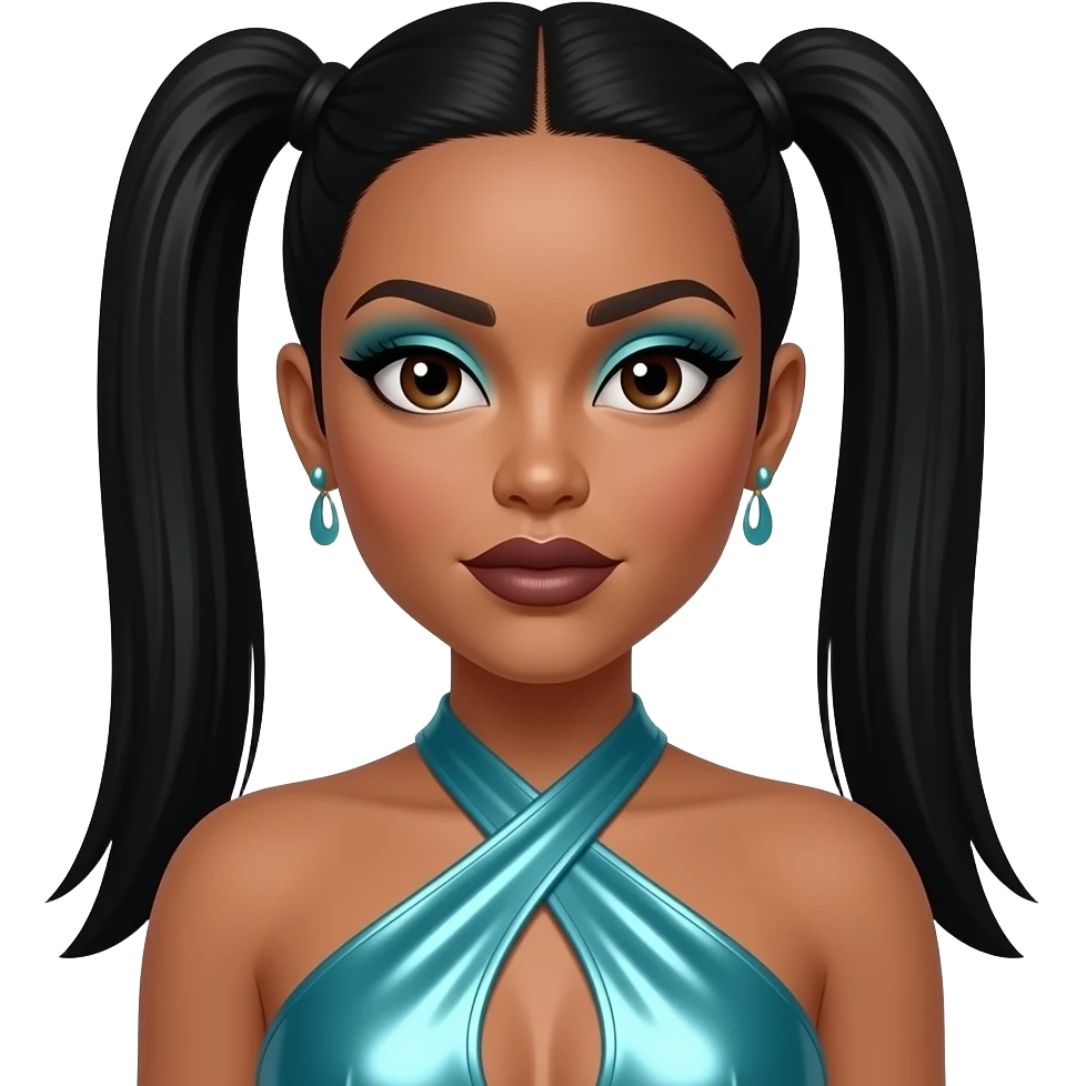 Lisa Left Eye Lopes from TLC with dark brown eyes, black straight two ponytail hair, cyan eyeshadow, dark brown lipstick, cyan metallic halter dress, earrings emoji