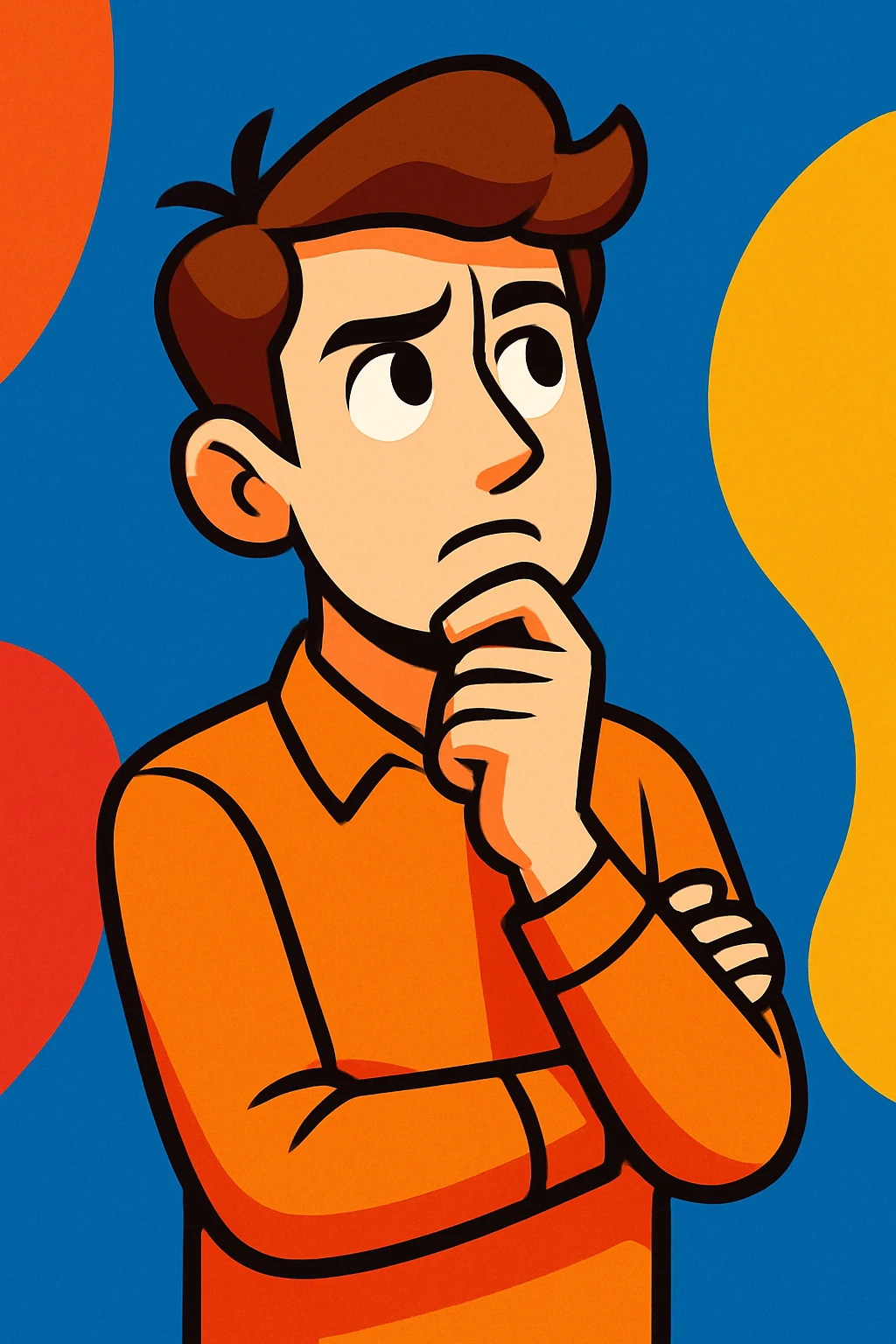 young man with brown hair and white skin, intelligent pose, thoughtful expression, colorful illustration style emoji