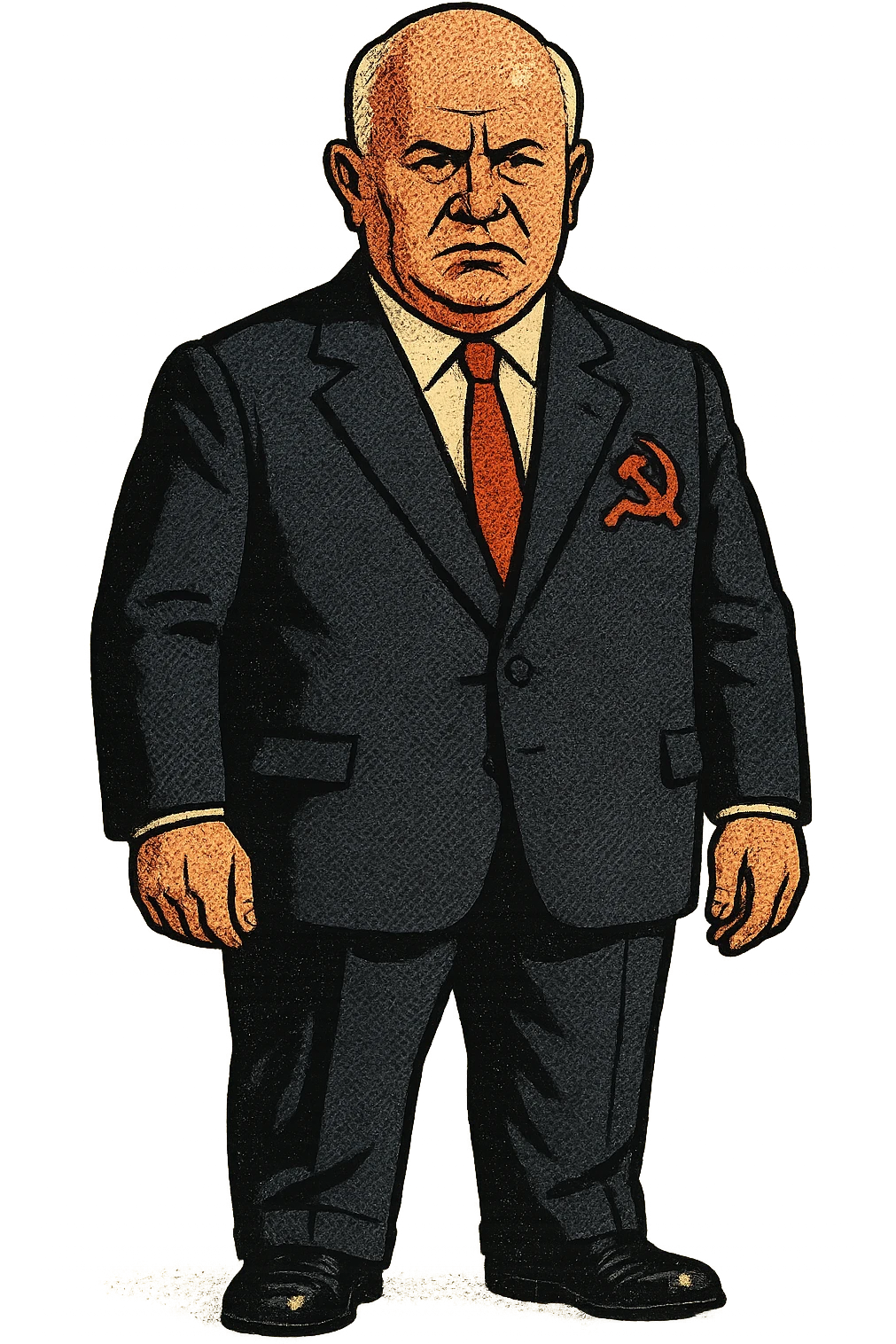 The full body of a male middle aged Russian leader who looks like Nikita Khrushchev wearing a suit with the community party logo and looking seriously emoji