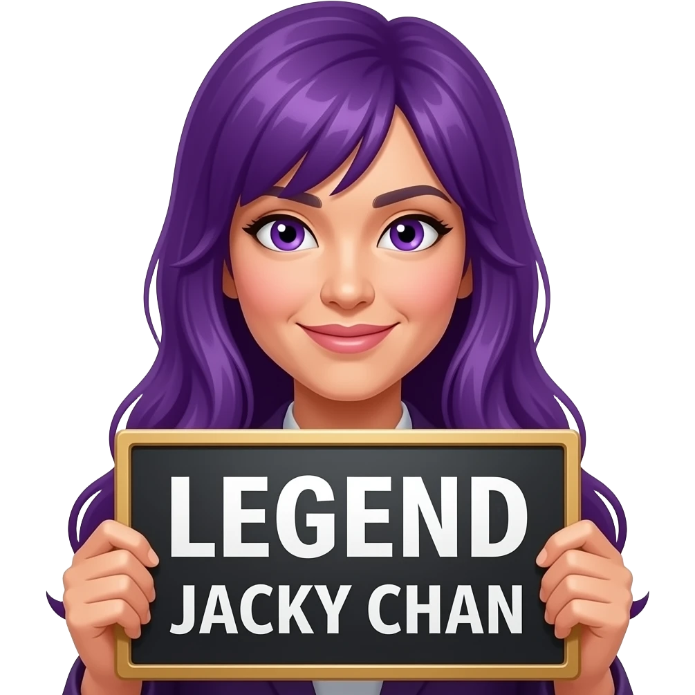 sexy girl with long purple hair and purple eyes holding a LEGEND JACKY CHAN sign emoji