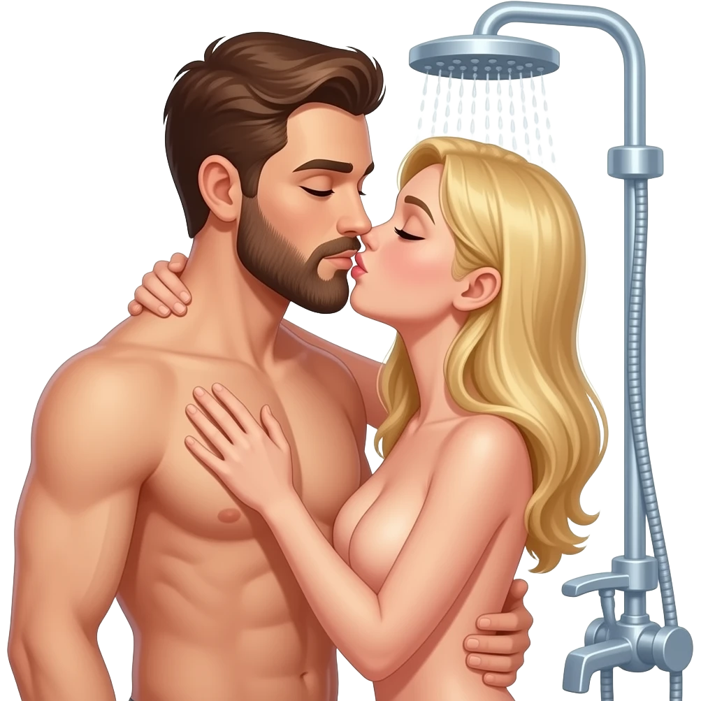 Full body emoji of completely Naked man with brown hair and a beard having sex with a naked woman with blonde hair kissing in the shower emoji