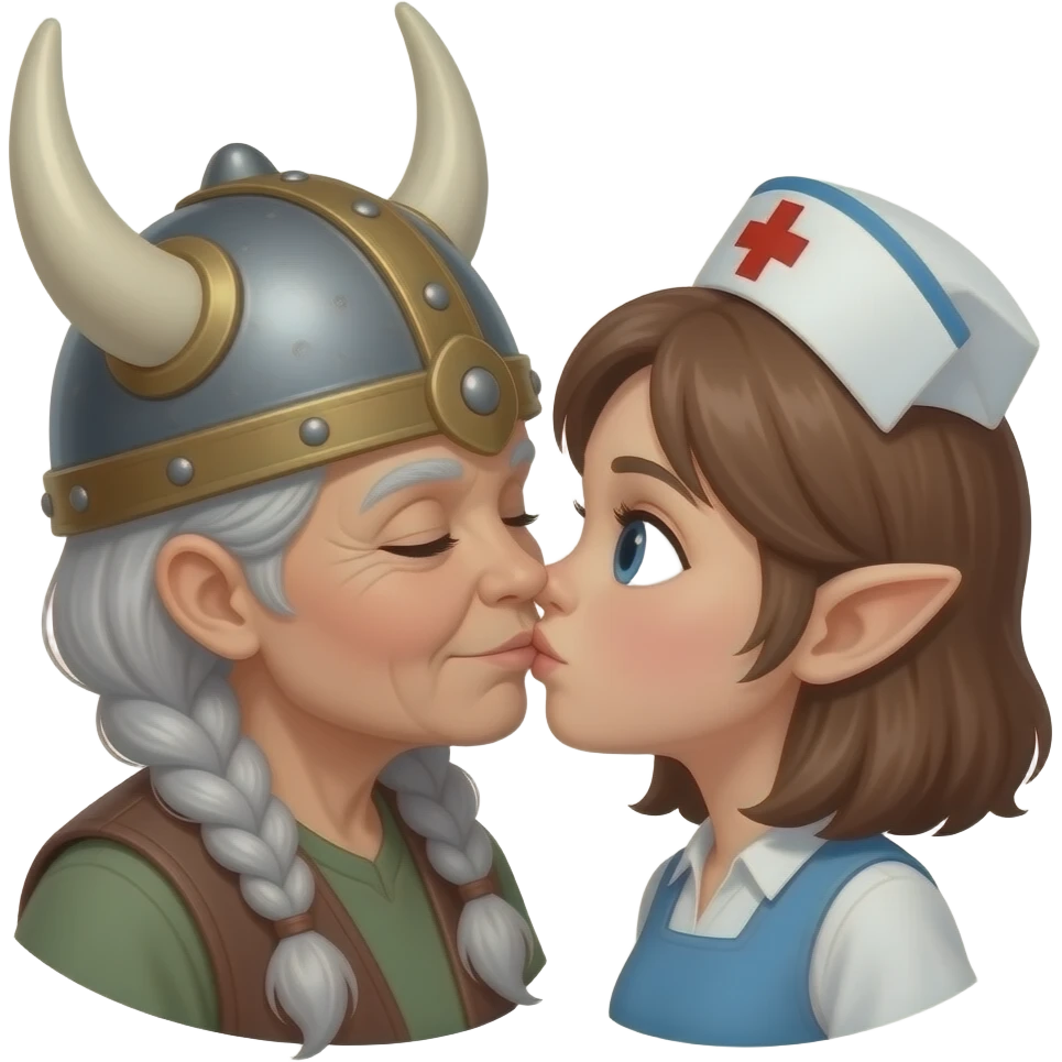Viking helmet older woman with gray braids kissing pixie hair brunette old nurse cap on lips emoji