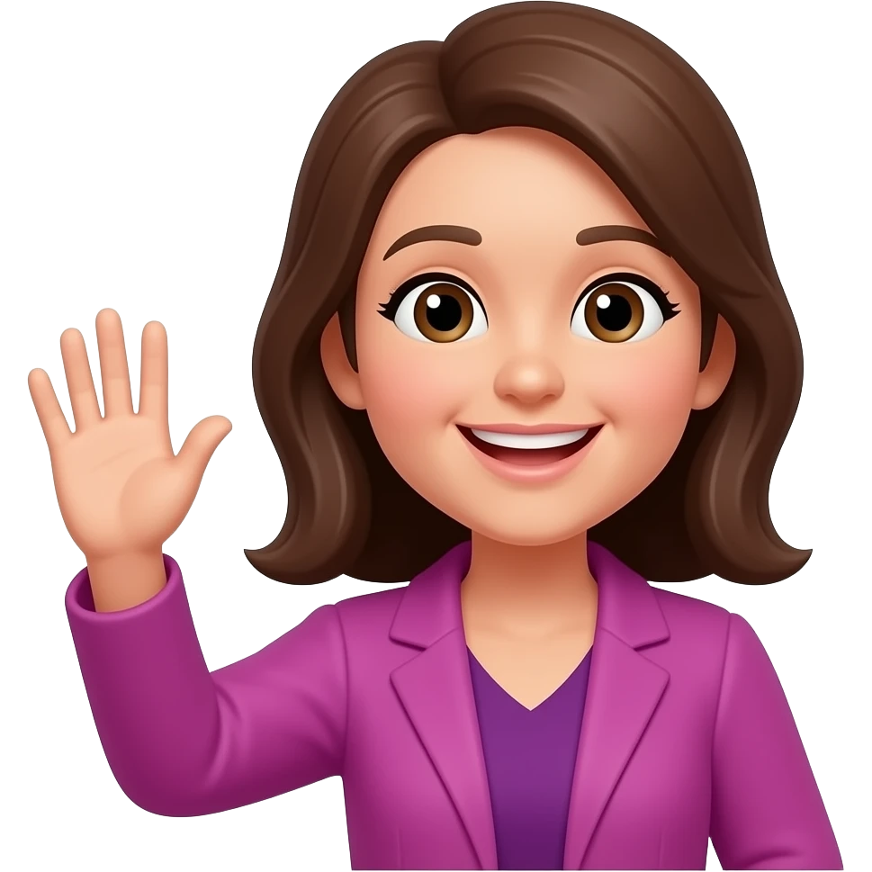 девушка более счастливая махает рукой,  феолетово розовая одежда, приветствует на лекции emoji