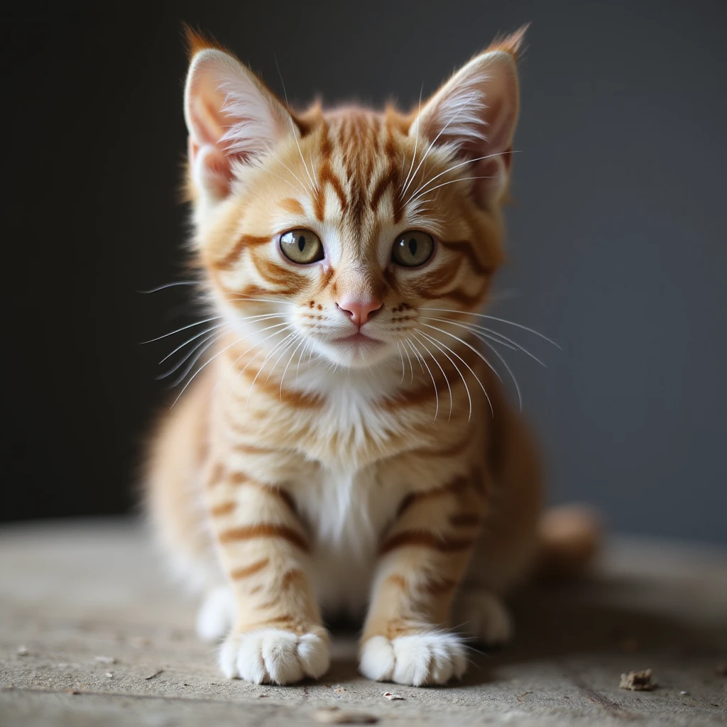 a realistic cat with strawberry patterned fur, bushy eyebrows, and white toes, photorealistic, detailed, lifelike emoji