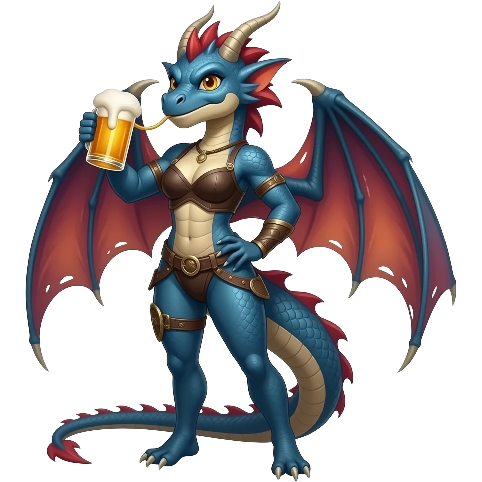 pixar lokking female dragonkin drinking beer, full body visible emoji