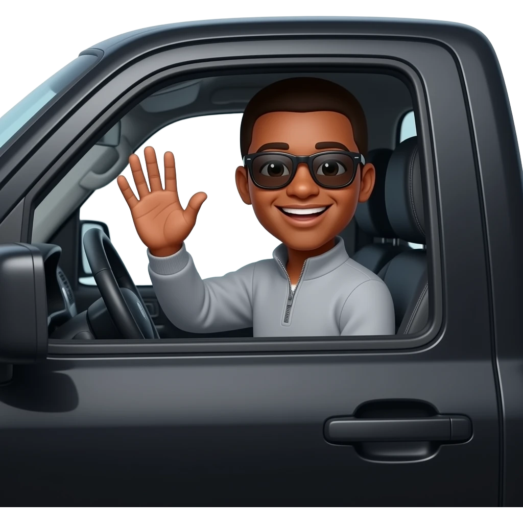make a black skinned 20 year old man with a low taper fade inside fully a black chevy truck with rich black sunglasses on smiling and waving out the window in a grey quaterzip and the viewing is from the front of the truck emoji
