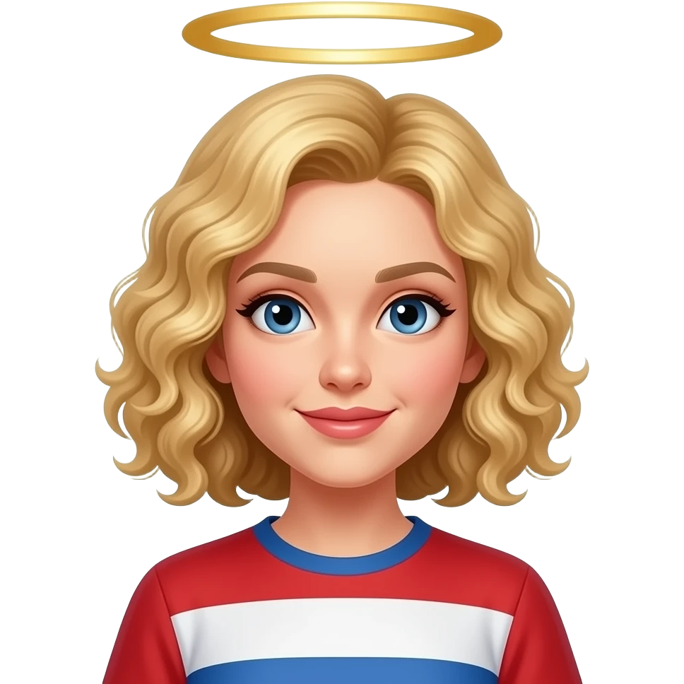 blonde curly bob  with  full halo on top of head in red, white and blue shirt emoji