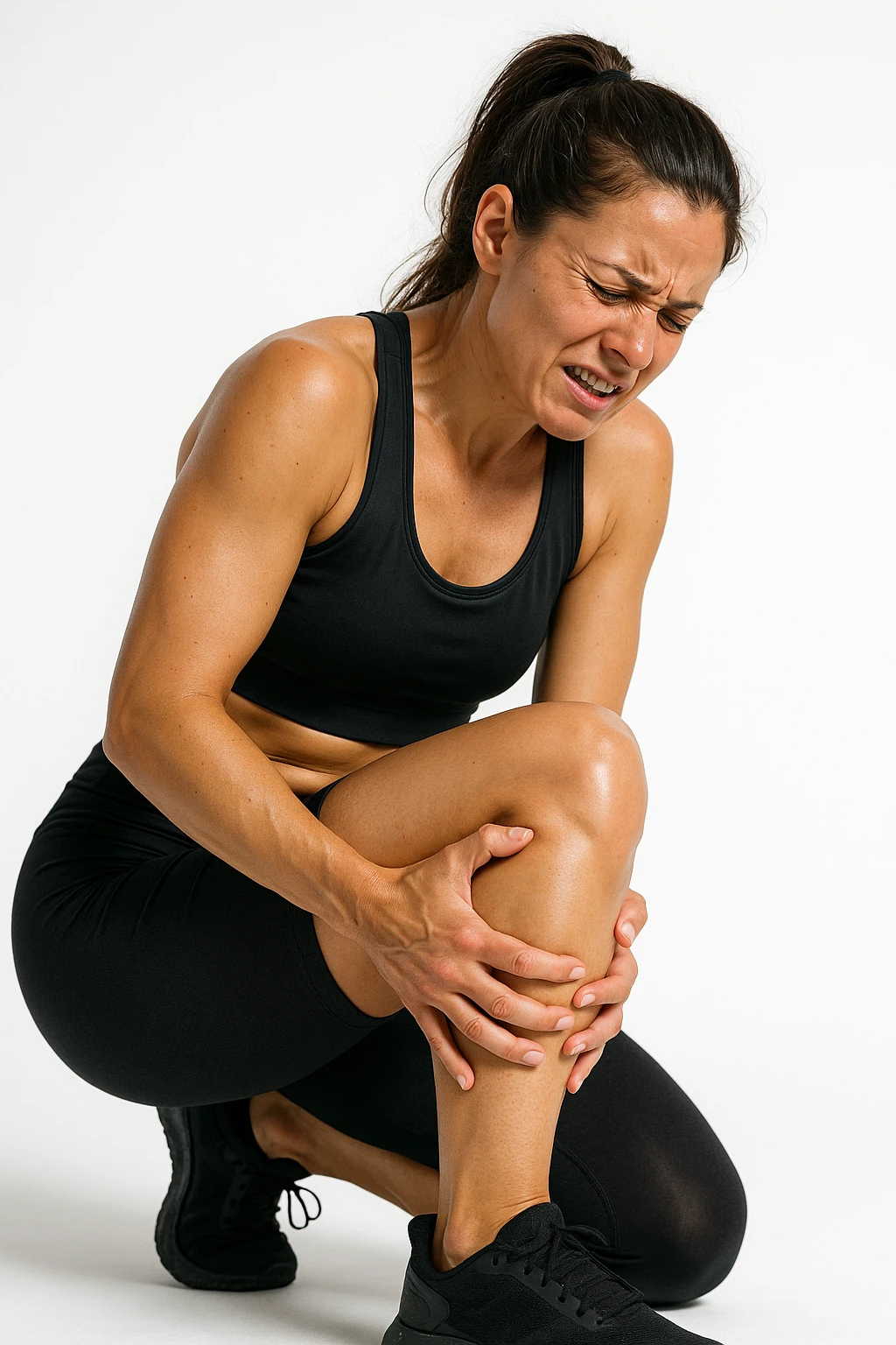 donna fitness che si tocca la gamba dolorante con espressione di dolore in volto, sente le gambe pesanti, iperrealistica 4k, sfondo bianco emoji