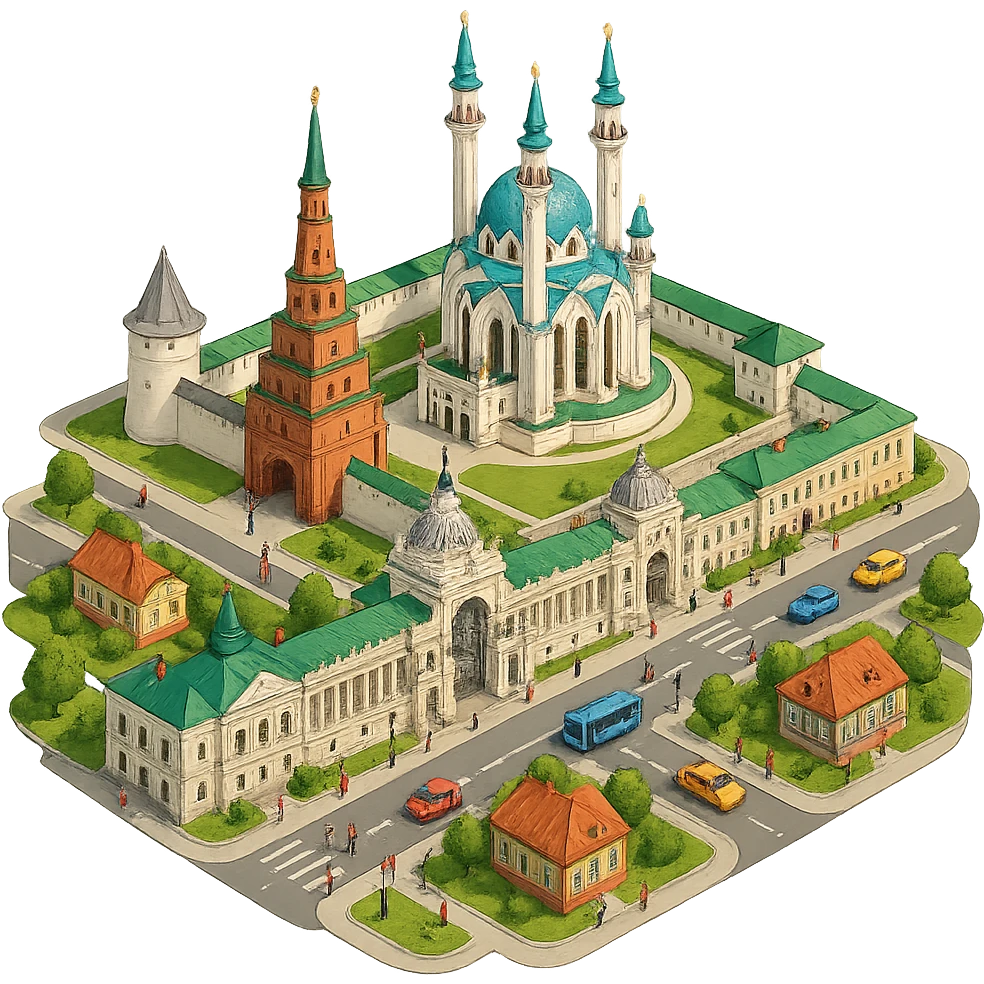 Изометричная миниатюрная фотореалистичная 3D модель Казани - Казанский Кремль, Кул-Шариф, Башня Сююмбике, Дворец земледельцев, казанские дома, автотранспорт четкие линии, яркие цвета, мультяшный реализм, люди, автотранспорт, компактная композиция, вид сверху в изометрии, прозрачный фон emoji
