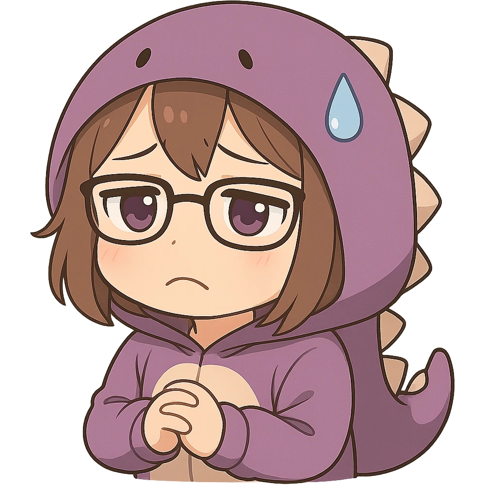 Chibi anime style gamer girl with glasses, brown hair, dark purple eyes, wearing a purple dinosaur costume, making a sad emote, no controller, same style as reference, with no background emoji