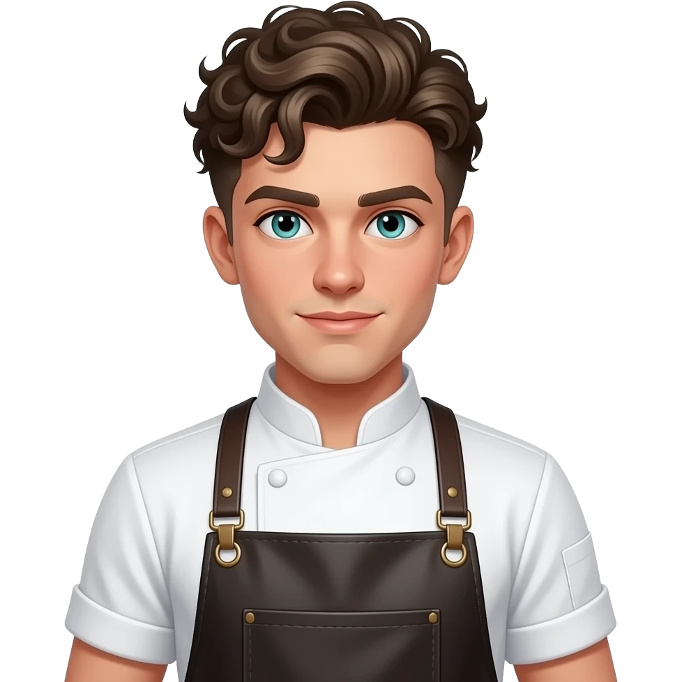 an androgenous chef with an apron and dark blonde curly hair with a tight fade on the sides - androgynous  short sleeve white button up with rolled sleeves and a leather apron. blue/green eyes emoji